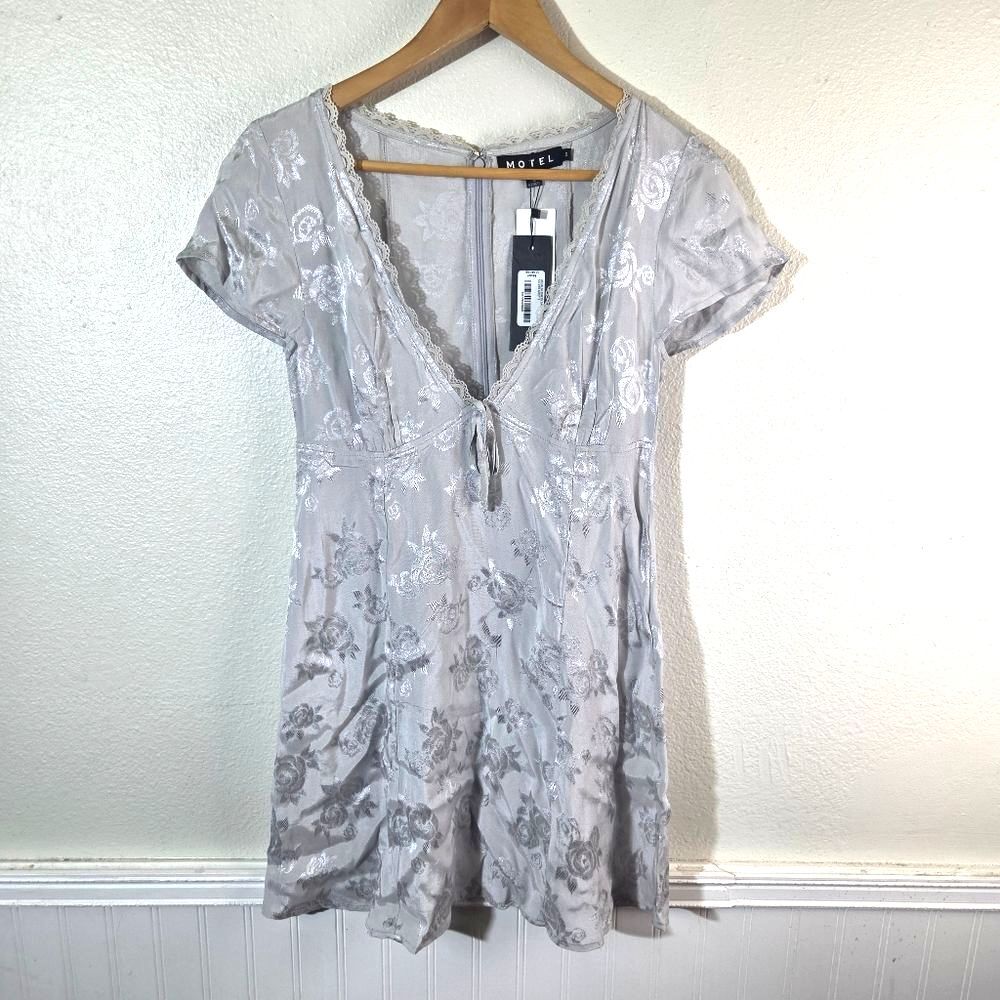 Motel Urban Outfitters Y2K Silver Rose Satin Mini Dress Size S/M